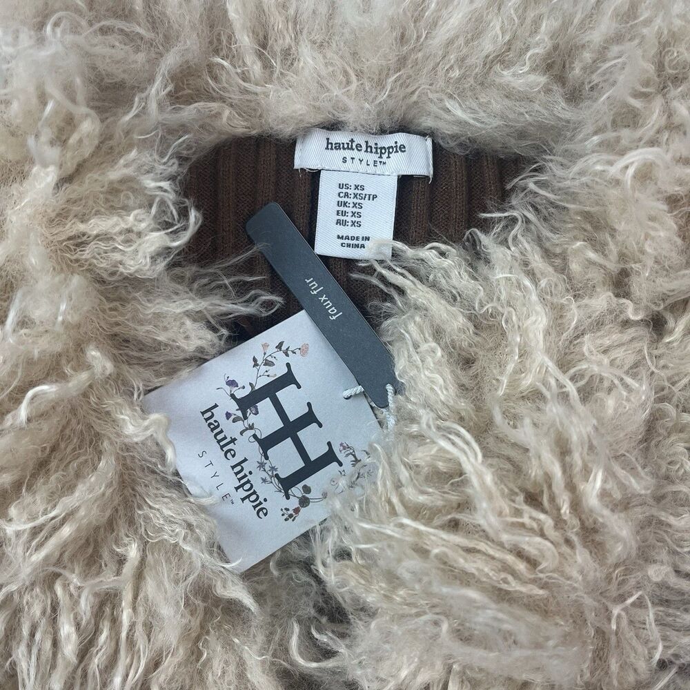 Haute Hippie Faux Fur Trim Ribbed Long Cardigan XS Brown Duster Penny Lane 70s - Picture 4 of 8